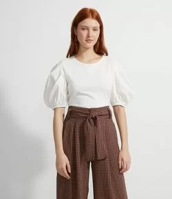 Blusa Curta em Algodão com Mangas Bufantes