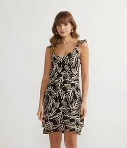 Vestido Curto em Crepe com Babado na Alça e Estampa de Corais