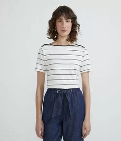 Blusa Manga Curta em Viscolycra Estampa Listrada com Detalhe de Cirré