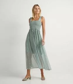 Vestido Midi em Tule com Estampa Xadrez Vichy e Lastex