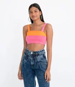 Blusa Super Cropped em Tricô com Blocos de Cor