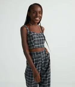 Blusa Cropped com Alça Larga em Algodão Xadrez