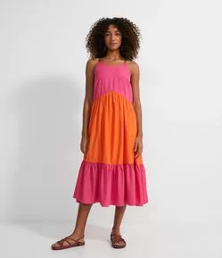Vestido Midi Colorblock com Aviamento na Alça
