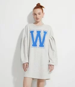 Vestido Curto em Moletom Estampa W com Mangas Bufantes