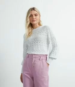 Blusa Manga Longa Bufante em Tricô Texturizada