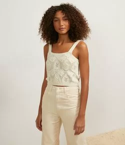 Blusa Cropped em Tricô com Bordado Floral