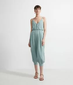 Macacão Harem Longo em Algodão com Decote Transpassado