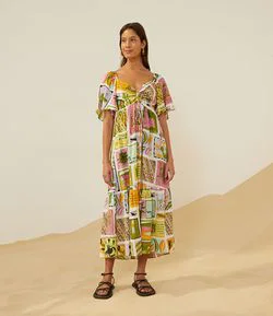 Vestido Midi em Viscose com Estampada Bahia e Manga Ampla
