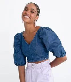 Blusa Cropped Jeans com Mangas Bufantes e Decote V