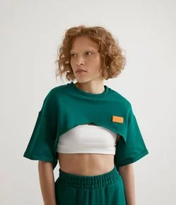 Blusa Cropped em Algodção com Mangas Curtas e Abertura Frontal