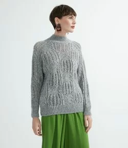 Blusão Suéter Gola Alta em Tricô com Ponto Aberto e Lurex