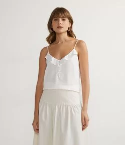 Blusa Regata em Crepe com Babado no Decote e Botões Frontais