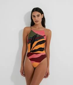 Maiô em Poliamida com Estampa de Folhagem