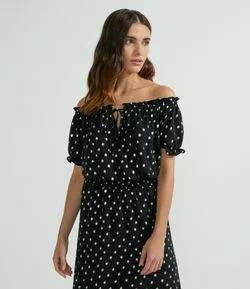 Blusa Ombro a Ombro com Poá Metalizado e Amarração