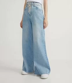 Calça Wide Leg Jeans com Cinto de Cordão Embutido