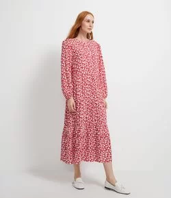 Vestido Midi em Crepe Estampa Floral com Mangas Longas