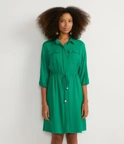 Vestido Curto Chemise em Viscose com Bolsos Frontais e Amarração