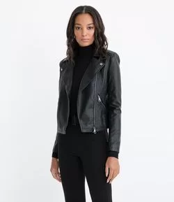 Jaqueta Perfecto em Material Sintético com Detalhes Pespontados