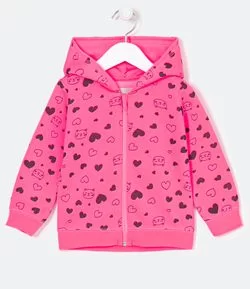 Blusão Infantil em Moletom Estampa de Gatinha e Corações - Tam 1 a 5 anos