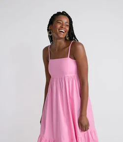 Vestido Midi em Tricoline com Alcinhas Reguláveis e Babado na Barra