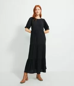 Vestido Midi em Viscose com Babados e Mangas Bufantes