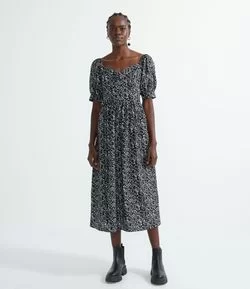 Vestido Midi com Manga Curta Bufante em Algodão com Estampa Floral