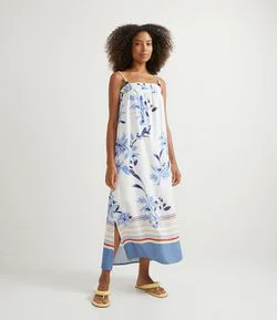 Vestido Midi em Viscolinho com Alças Fina e Estampa Floral