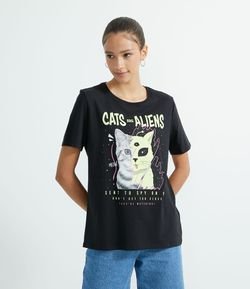 Blusa Alongada Manga Curta em Algodão com Estampa Gato Alien