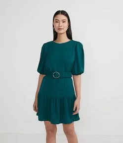 Vestido Curto em Crepe com Manga Bufante e Cinto Franzido
