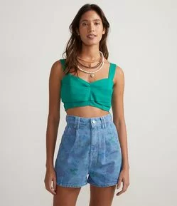 Blusa Regata Cropped em Linho com Pregas no Busto
