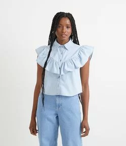 Camisa Jeans Sem Estampa e com Babado Frontal