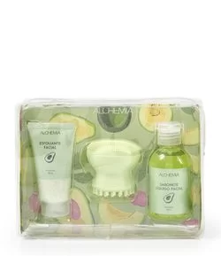 Kit Gel Esfoliante Sabonete Líquido Massageador Facial e Nécessaire Abacate Alchemia