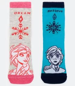 Kit 2 Meias Infantil em Algodão Estampa Frozen Ana e Elsa - Tam 19/22 ao 31/34