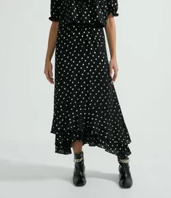 Saia Midi com Poá Metalizado e Babado