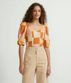 Blusa Cropped em Algodão com Estampa Quadriculada e Manga Bufante