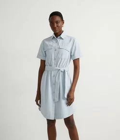 Vestido Curto em Sarja com Manga Curta e Faixa para Amarração