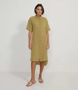 Vestido Midi Chemise em Viscolinho com Manga Curta