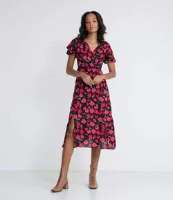 Vestido Decote em V Transpassado Midi