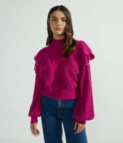 Blusa Manga Longa Bufante em Tricô com Babados