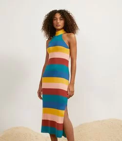 Vestido Midi em Tricô Listrado com Gola Halter