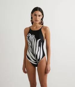 Maiô em Poliamida com Estampa  de Folhagem e Alças Finas