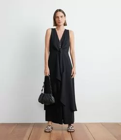 Blusa Túnica em Viscose com Abotoamento e Amarração Frontal