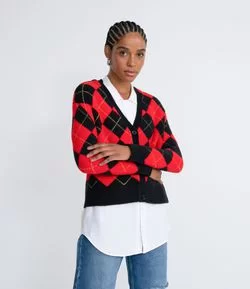 Cardigan Curto em Tricô Estampa Xadrez 