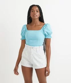 Blusa Cropped em Algodão com Manga Bufante e Lastex