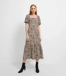 Vestido Midi Manga Curta Bufante Animal Print Oncinha