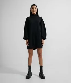 Vestido Manga Longa Curto em Moleton com Gola Alta