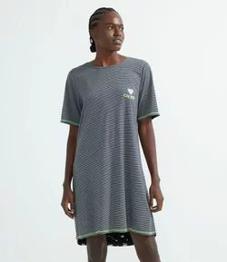 Camisola Curta em Viscolycra Listrada com Bordado Frontal e Costuras Contrastantes