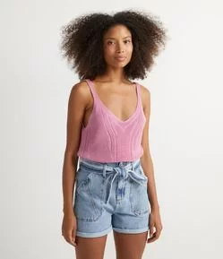 Blusa Regata em Tricô com Decote V e Barra Mullet