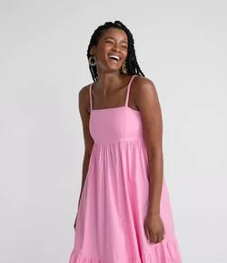 Vestido Midi em Tricoline com Alcinhas Reguláveis e Babado na Barra