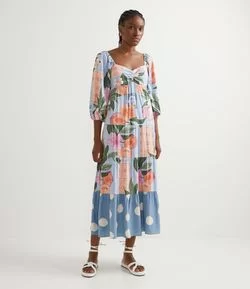 Vestido Midi em Viscose com Mix de Estampas